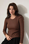 Kahverengi Bisiklet Yaka Uzun Kollu Fitilli Kadın Bluz- 2426