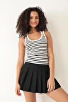 Amida Siyah Çizgili Fitilli Görünümlü Basic Kalın Askılı Kadın Crop Atlet- 2403