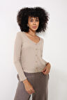 Bej Fitilli Görünümlü Kaşkorse V Yaka Düğmeli Uzun Kollu Kadın Bluz - 2444