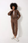 Kahverengi Yüksek Yaka Crop Ceketli Jogger Pantolonlu Kadın Eşofman İkili Takım - 2455