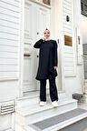 Kruvaze Bisiklet Yaka Sade Basic Tunik Panolon İkili Takım - 03076.003 - Siyah
