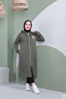 Yazı Baskılı Fermuarlı Kapşonlu Uzun Sweat - 03081 - Haki