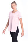 %100 Pamuk Kadın Pembe V yaka yanı yırtmaçlı asimetrik penye pamuk örme T-shirt tişört tunik
