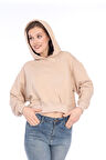 %100 pamuk Premium Kadın Bej Kapüşonlu crop sweatshirt