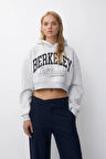 %100 pamuk Premium Kadın Baskılı Gri Melanj Kapüşonlu crop sweatshirt