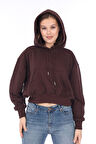 Premium Kalite %100 Pamuk 3 iplik Kahverengi Kapüşonlu Kanguru Cepli Bağcıklı Kısa Crop sweatshirt