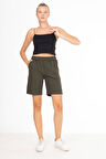 Kadın Haki 2 İplik Cepli Şort Koyu Yeşil