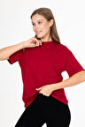 %100 Organik Pamuk Kadın Bordo Basic Ribana'lı Dik Yaka Örme T-shirt Yarım Balıkçı