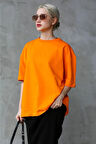 Süper Kalite Unisex Pamuk Oranj Bisiklet Yaka Oversize Boyfriend T-shirt Kadın Erkek Turuncu Orange