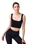 Cottonhill Premium - Kadın Siyah Seamless Orta Boy Kare Yaka Crop Top Büstiyer