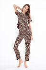 Premium Kadın Pijama Takımı Leopar Desenli Yumuşak Dokulu Kısa Kollu Bisiklet Yaka