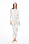 Premium Kadın Pijama Takımı Krem Kalp Desenli Yumuşak Dokulu Bisiklet Yaka Uzun Kollu
