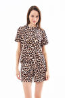 Premium  Yazlık Şortlu Kadın Pijama Takımı Leopar Desenli Yumuşak Dokulu Bisiklet Yaka Kısa Kollu