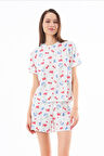 Premium  Yazlık Şortlu Kadın Pijama Takımı Meyve Desenli Yumuşak Dokulu Bisiklet Yaka Kısa Kollu