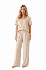 Premium - Neat Collection | Bej Rib Dokulu V Yaka Modal Viskon Bol Paça Kadın Pijama Takımı