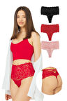 Dantelli Lastik Detaylı Yüksek Bel Kadın Tanga 3'lü Paket Külot