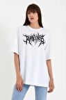 Unisex Bisiklet Yaka Baskılı Oversize T-Shirt - Beyaz