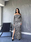 Kadın Madonna Yaka Dalgıç Kumaş Leopar Desen Maxi Boy Derin Yırtmaçlı Elbise