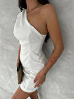 Tek Omuzlu Kolsuz Mini Boy Elbise - Beyaz