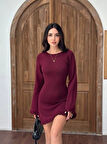 Sırt Pencereli Mini Triko Elbise - Bordo