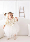 Kadife Kabarık Etekli Kız Çocuk Elbise Bandana Takımı Ekru