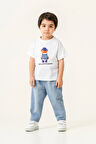 Teddy Tshirt Desenli Kot Pantolon Takım Beyaz