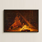Gece Kamp Ateşi Temalı UV Baskılı Doğa Tablosu