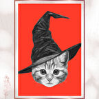 Cadı Şapkalı Sevimli Kedi - Eğlenceli Modern Poster