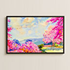 Pembe Çiçekli Yol ve Bisiklet UV Baskılı Tablo