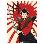 Samuray Temalı Retro Ahşap Tablo - Japon Savaş Sanatları ve Doğu Estetiği