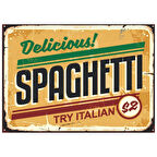 Delicious Spaghetti Retro Ahşap Tablo - İtalyan Makarna Reklam Afişi Tasarımı