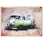 Volkswagen Minibüs Retro Ahşap Tablo – Yeşil T1 Camper Van ve Sulu Boya Efektli Tasarım