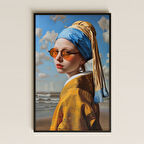 Modern İnci Küpeli Kız Sahil Portresi Şeffaf Pleksi Tablo