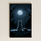 Dolunay Altında Şehirde Yalnız Kedi Dijital Sanat Pleksi Tablo