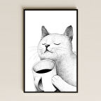 Minimal Kahve Keyfi Yaşayan Kedi Çizim Pleksi Tablo