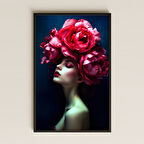 Kırmızı Güllü Kadın Portresi Temalı Güçlü Sanatsal Pleksi Tablo