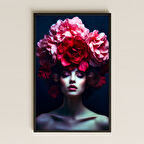 Kırmızı-Pembe Çiçekli Kadın Portresi Temalı İkonik Pleksi Tablo