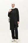 Kruvaze Bisiklet Yaka Sade Basic Tunik Panolon İkili Takım - 03076 - Siyah