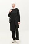 Kruvaze Bisiklet Yaka Sade Basic Tunik Panolon İkili Takım - 03076 - Siyah
