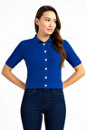 RTD&VLD Kadın Polo Yaka İnci Düğmeli Kısa Kollu Triko Bluz Koyu Mavi