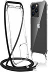 Apple iPHONE  13 PRO MAX Kılıf Boyun - Omuz Askılı Köşe Korumalı Siyah İpli Şeffaf Silikon