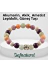 Akumarin, Akik, Ametist Lepidolit, Güneş Taşı Doğal Taş Bileklik 8 Mm