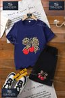 Çocuk UNISEX “KIRAZ LEOPAR KURDELE CHERRY YAZI“ Özel Baskılı Bisiklet Yaka Tişört - Şort Takım