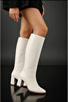 Kadın Beyaz fermuarlı Diz Altı Boy Topuklu yeni sezon Çizme