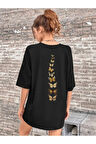 Gramix Kadın Siyah Sırt Detay Kelebek Baskılı Oversize T-shirt