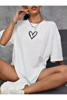 LUNAVISTA Kadın Siyah Kalp Baskılı Oversize T-shirt