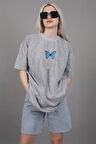T-shirt Mavi Kelebek Baskılı Pamuk Bisiklet Yaka Oversize