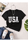 USA Baskılı Pamuklu Kız/Erkek Çocuk Tişört 3-13 Yaş