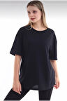 Kadın Siyah Oversize Düz Basic Bisiklet Yaka T-shirt