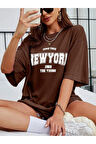 Unisex New York 1968 Baskılı Kahverengi garalio T-shirt